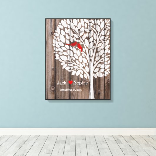 Huwelijksboom Handtekening Gastenboek Vogels Rood  Canvas Afdruk (Insitu (Houten vloer))