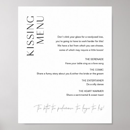 Huwelijksbord 'HARLOW Kissing Menu' Poster (Voorkant)