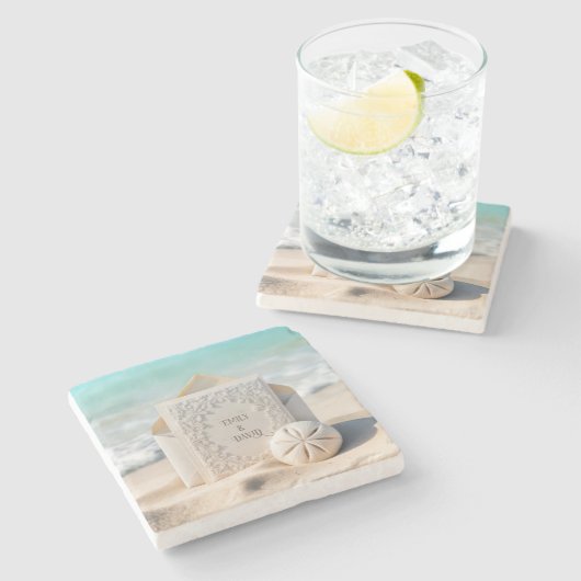 Huwelijksbriefpapier met strand sand dollar stenen onderzetter (Zijkant)
