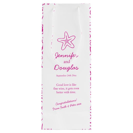 Huwelijkscadeau gepersonaliseerde zeesterren roze  wijn cadeautas (Achterkant)