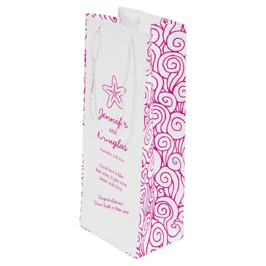 Huwelijkscadeau gepersonaliseerde zeesterren roze  wijn cadeautas (Achterkant Gekanteld)