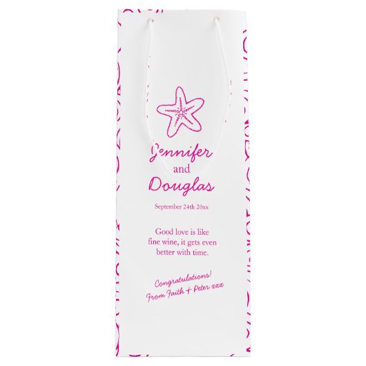 Huwelijkscadeau gepersonaliseerde zeesterren roze  wijn cadeautas (Voorkant)