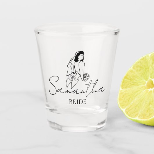 Huwelijkscadeau met eigen naam bruid shot glas (Voorkant)