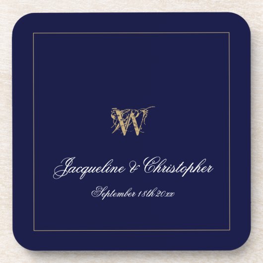 Huwelijkscadeau Monogram Namen Chic Navy Bier Onderzetter (Voorkant)