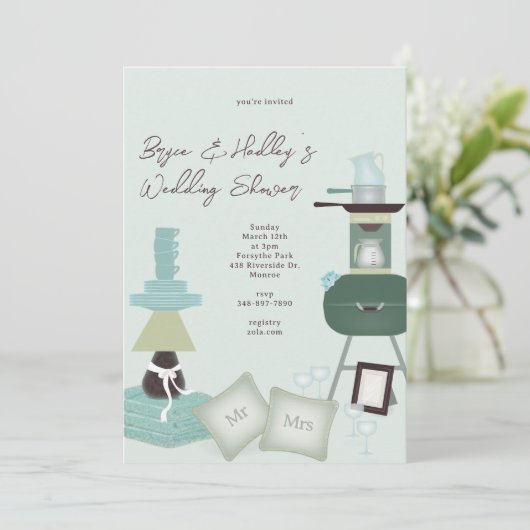 Huwelijkscadeaus doucheuitnodiging kaart (Staand voorkant)