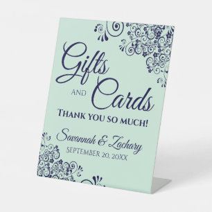 Huwelijkscadeaus en kaarten Lacy Mint Green & Navy Reclamebord Met Voetstuk