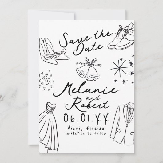 Huwelijkscadeaus handgetekende zwart-wit bruidegom save the date (Voorkant)