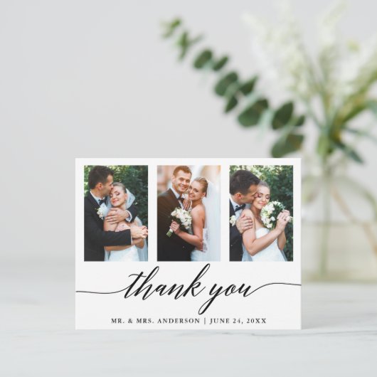 Huwelijkscalligrafie 3 Foto Bedankt Briefkaart (Staand voorkant)