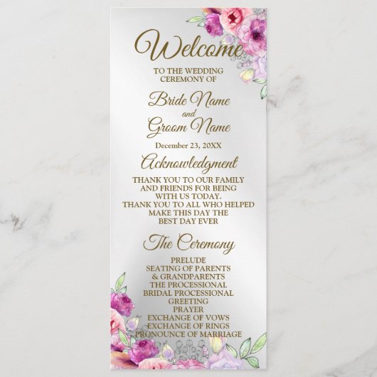 Huwelijksceremonie Kleurrijke Roze Bloemen Gouden Programmakaart (Voorkant)