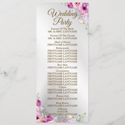Huwelijksceremonie Kleurrijke Roze Bloemen Gouden Programmakaart (Achterkant)
