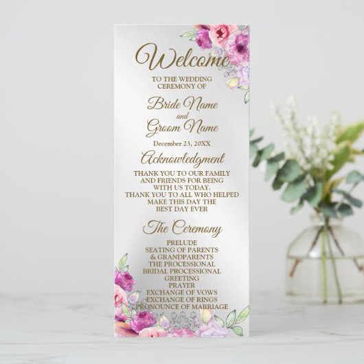 Huwelijksceremonie Kleurrijke Roze Bloemen Gouden Programmakaart (Staand voorkant)