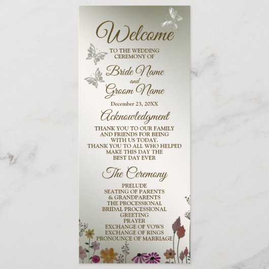 Huwelijksceremonie Kleurrijke Tuin Bloemen Rustiek Programmakaart (Voorkant)