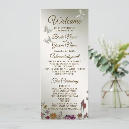 Huwelijksceremonie Kleurrijke Tuin Bloemen Rustiek Programmakaart (Staand voorkant)