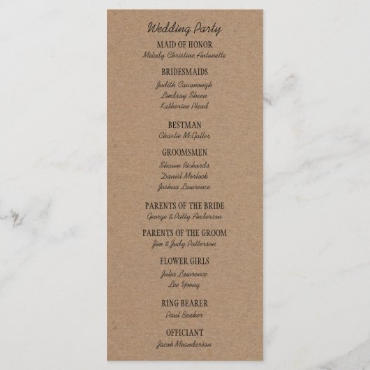 Huwelijksceremonie programma | kraftpapier programmakaart (Achterkant)