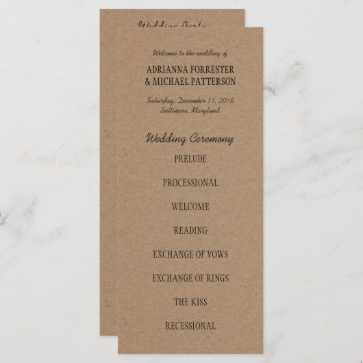 Huwelijksceremonie programma | kraftpapier programmakaart (Voorkant / Achterkant)