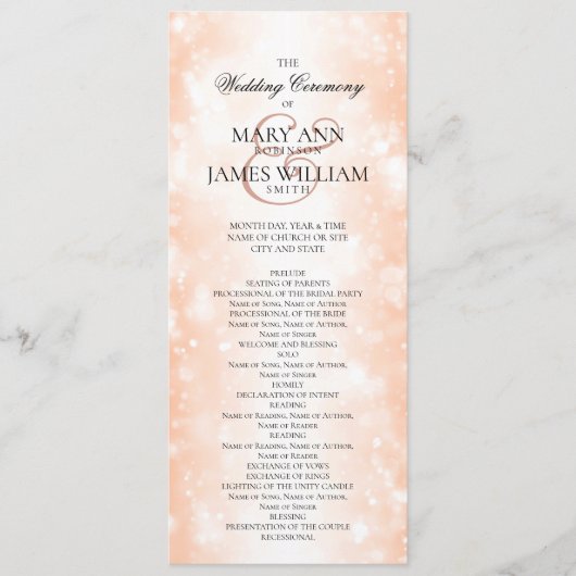 Huwelijksceremonie Programma Roos Gold Shimmer Lig Programmakaart (Voorkant)