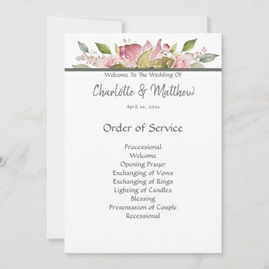 Huwelijksceremonie Programma Waterverf Roze Rozen (Voorkant)