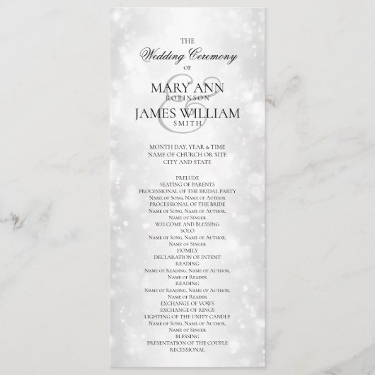Huwelijksceremonie Programma Zilveren Shimmer Ligh Programmakaart (Voorkant)