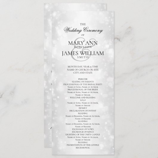Huwelijksceremonie Programma Zilveren Shimmer Ligh Programmakaart (Voorkant / Achterkant)