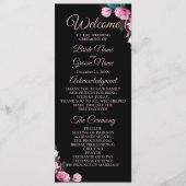 Huwelijksceremonie Roze Bloemen Zwart Modern Programmakaart (Voorkant)