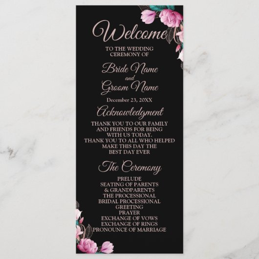 Huwelijksceremonie Roze Bloemen Zwart Modern Programmakaart (Voorkant)