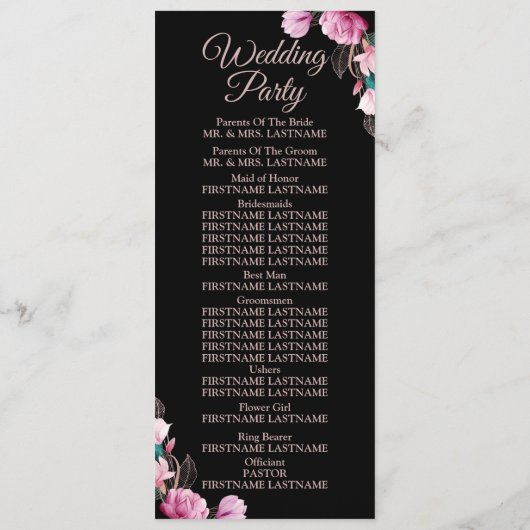 Huwelijksceremonie Roze Bloemen Zwart Modern Programmakaart (Achterkant)