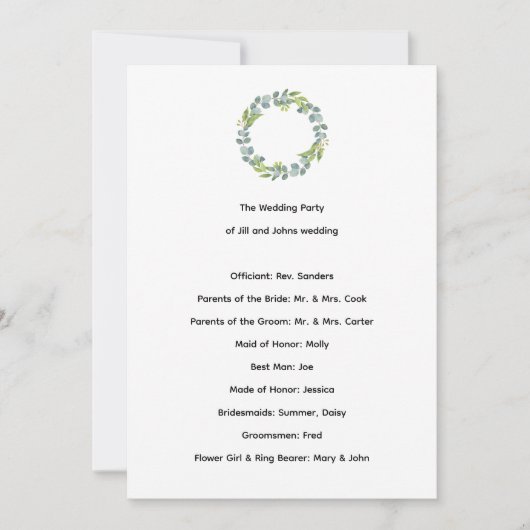 Huwelijksceremonieprogramma Eucalyptus Botanisch (Voorkant)
