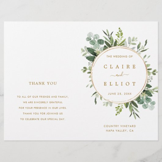 Huwelijksceremonieprogramma met botanisch goud gro (Voorkant)