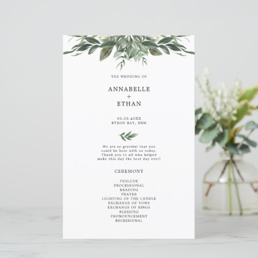 Huwelijksceremonieprogramma met loofblad (Staand voorkant)