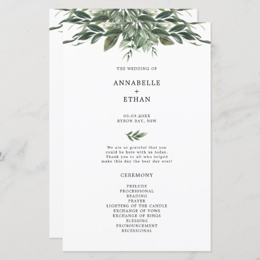 Huwelijksceremonieprogramma met loofblad (Voorkant / Achterkant)