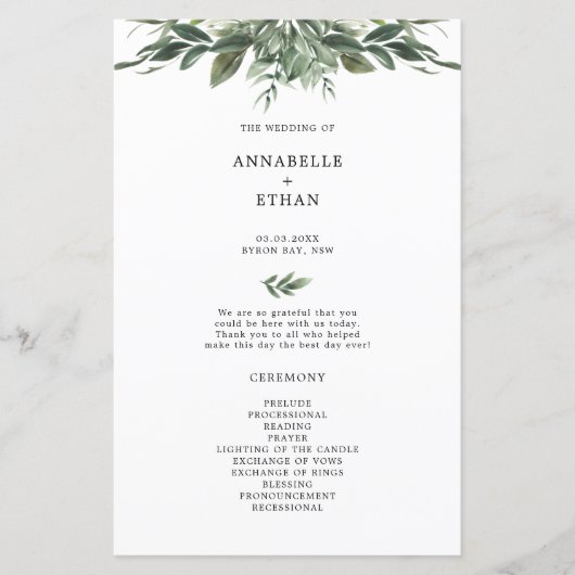 Huwelijksceremonieprogramma met loofblad (Voorkant)