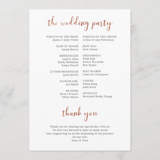 Huwelijksceremonieprogramma met roosgouden groenel programmakaart (Achterkant)