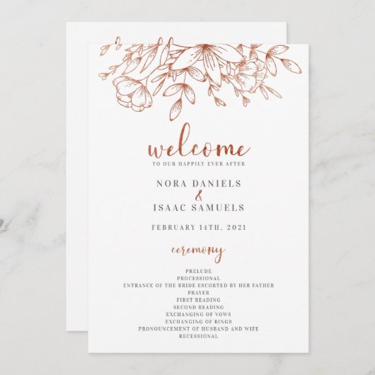 Huwelijksceremonieprogramma met roosgouden groenel programmakaart (Voorkant / Achterkant)