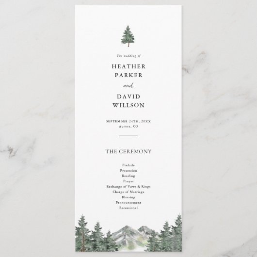 Huwelijksceremonieprogramma Pine Tree Mountain Programmakaart (Voorkant)