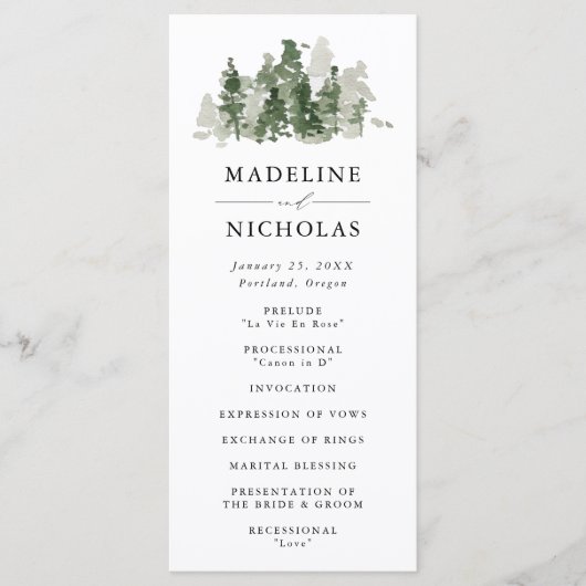 Huwelijksceremonieprogramma 'Rustic Pine Forest' Programmakaart (Voorkant)