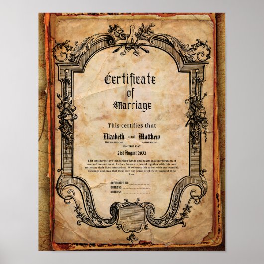 HUWELIJKSCERTIFICAAT  GOTISCHE PAGAN DRUID POSTER (Voorkant)