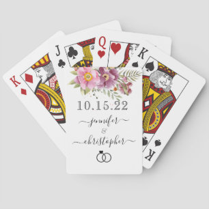 Huwelijksdatum pasgetrouwden met namen, roze bloem pokerkaarten