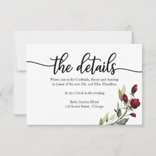 Huwelijksdetails Burgundy Bloemstuk RSVP Kaart