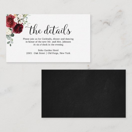 Huwelijksdetails Chique kalligrafie Bourgondië Flo Informatiekaartje (Voorkant / Achterkant)