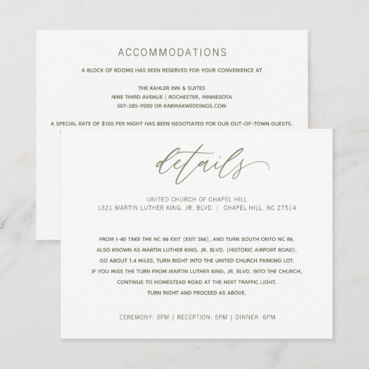 Huwelijksdetails Info Hand Schrijven Kalligrafie Informatiekaartje (Voorkant / Achterkant)