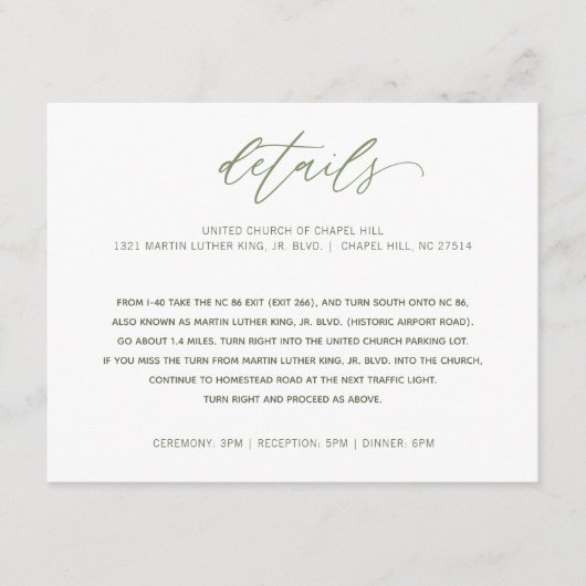 Huwelijksdetails Info Hand Schrijven Kalligrafie Informatiekaartje (Voorkant)