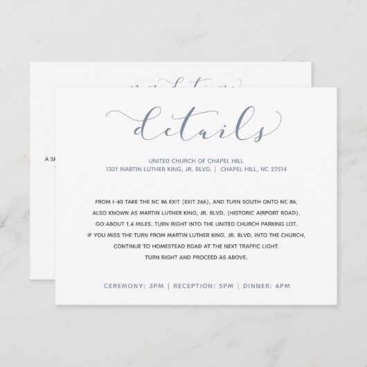 Huwelijksdetails Info Swirly Calligrafie Typografi Informatiekaartje (Voorkant / Achterkant)