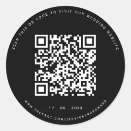 Huwelijksdetails QR-code Eenvoudig Zwart Minimaal Ronde Sticker