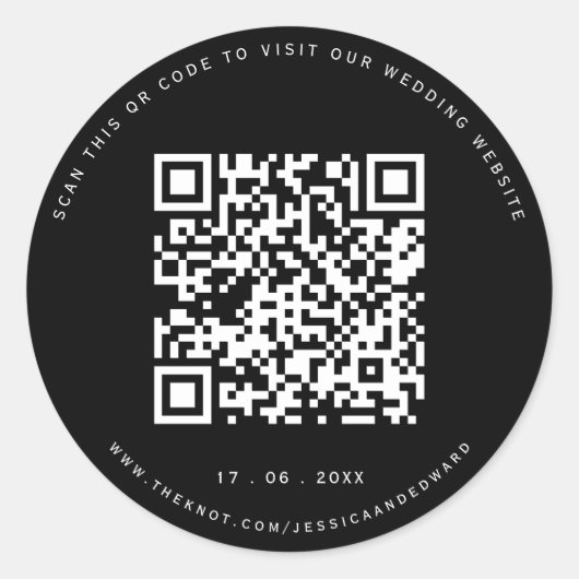 Huwelijksdetails QR-code Eenvoudig Zwart Minimaal Ronde Sticker (Voorkant)