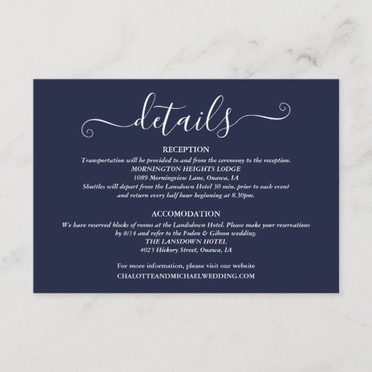 Huwelijksdetails Spring Lights Script Navy Blue Informatiekaartje (Voorkant)