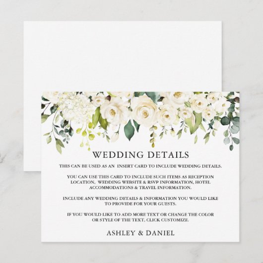 Huwelijksdetails Witte Bloemen Groene Kaart (Voorkant / Achterkant)