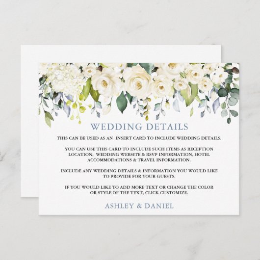 Huwelijksdetails Witte Bloemen Stoffige Blauwe Kaa Briefkaart (Voorkant / Achterkant)