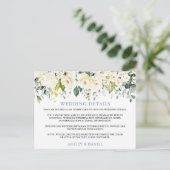 Huwelijksdetails Witte Bloemen Stoffige Blauwe Kaa Briefkaart (Staand voorkant)
