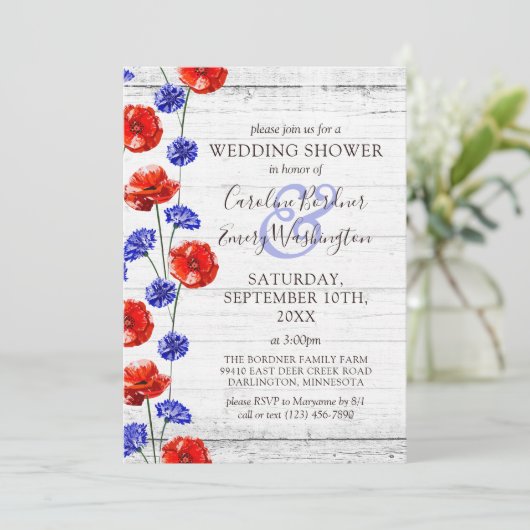 Huwelijksdouche Rustiek Hout & Rood Klaproos Land Kaart (Staand voorkant)