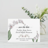 Huwelijkse Charm White Orchid Calligrafie Save The Date (Staand voorkant)